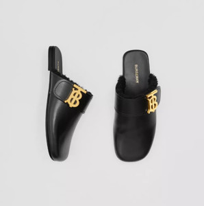 Picture of BURBERRY Monogram Detail Shearling-lined Leather Mules