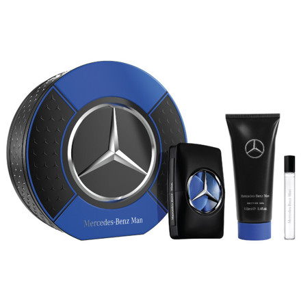 Picture of Mercedes-Benz Man Giftset Edt 100ml + Shower Gel 100ml + Pen Spray 10ml in Round Metallic Box