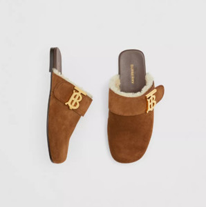 Picture of BURBERRY Monogram Detail Shearling-lined Suede Mules