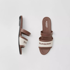Picture of BURBERRY Logo Print Canvas and Leather Slides