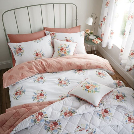 Picture of Catherine Lansfield Pom Pom Floral Single Quilt Cover Set Coral